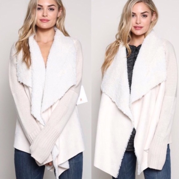 Vegan Suede and Sherpa Cardigan in Sand - Picture 2 of 4